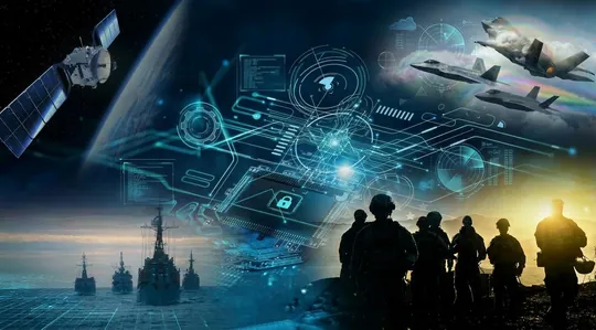 Multi-domain operations collage: a satellite in orbit, naval ships at sea, a secured microchip marked with a padlock, stealth aircraft in flight, and warfighters silhouetted at sunrise