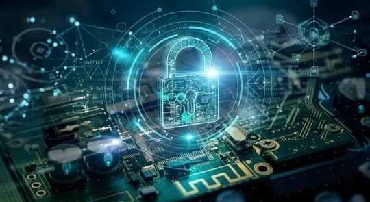 Padlock rendered over a circuit board with glowing network traces, representing hardware-level security