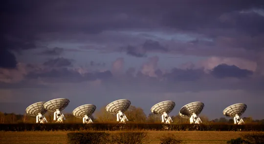 Row of satellite ground-station dish antennas in an open field at dusk
